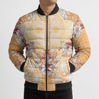 Hawaii Peach Palaka Bomber Puffer Jacket With Tapa Pattern Tropical Flowers - Polynesian Pride