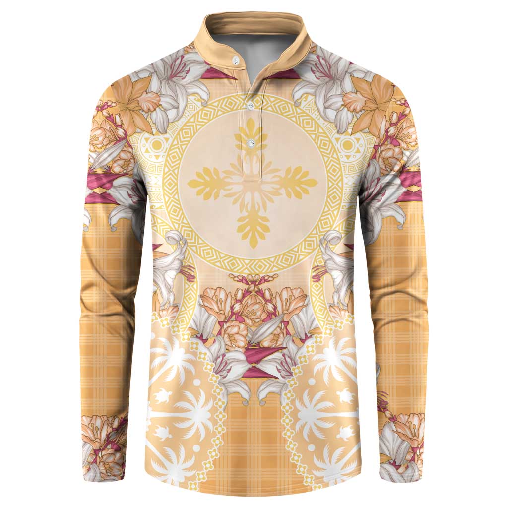 Hawaii Peach Palaka Button Sweatshirt With Tapa Pattern Tropical Flowers - Polynesian Pride