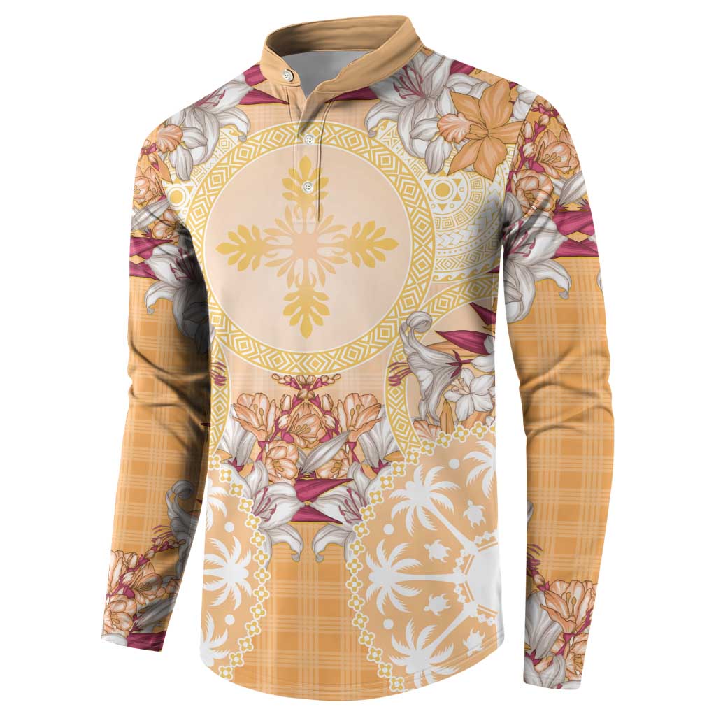 Hawaii Peach Palaka Button Sweatshirt With Tapa Pattern Tropical Flowers - Polynesian Pride