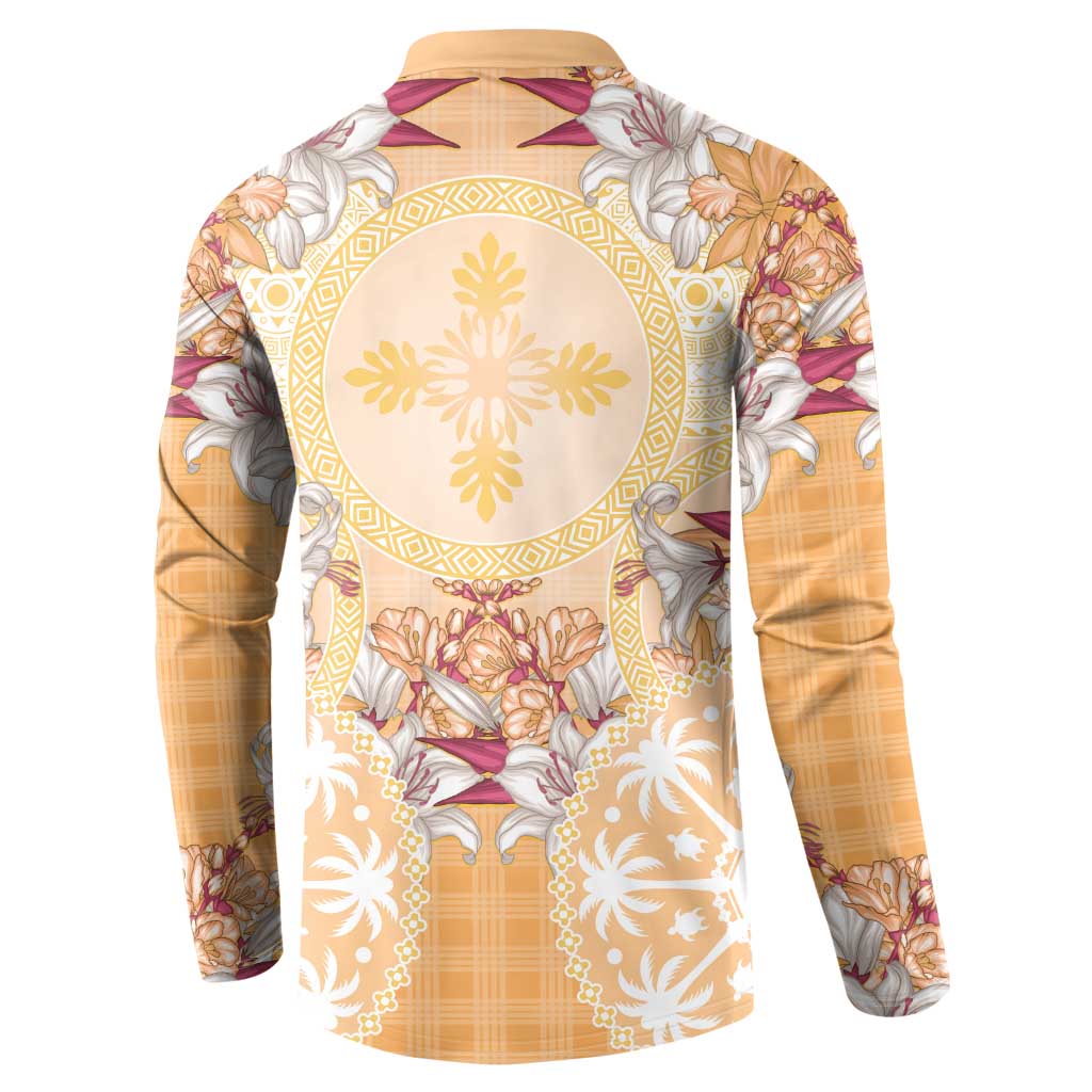 Hawaii Peach Palaka Button Sweatshirt With Tapa Pattern Tropical Flowers - Polynesian Pride