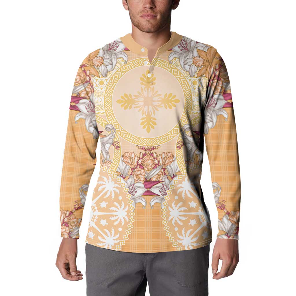 Hawaii Peach Palaka Button Sweatshirt With Tapa Pattern Tropical Flowers - Polynesian Pride