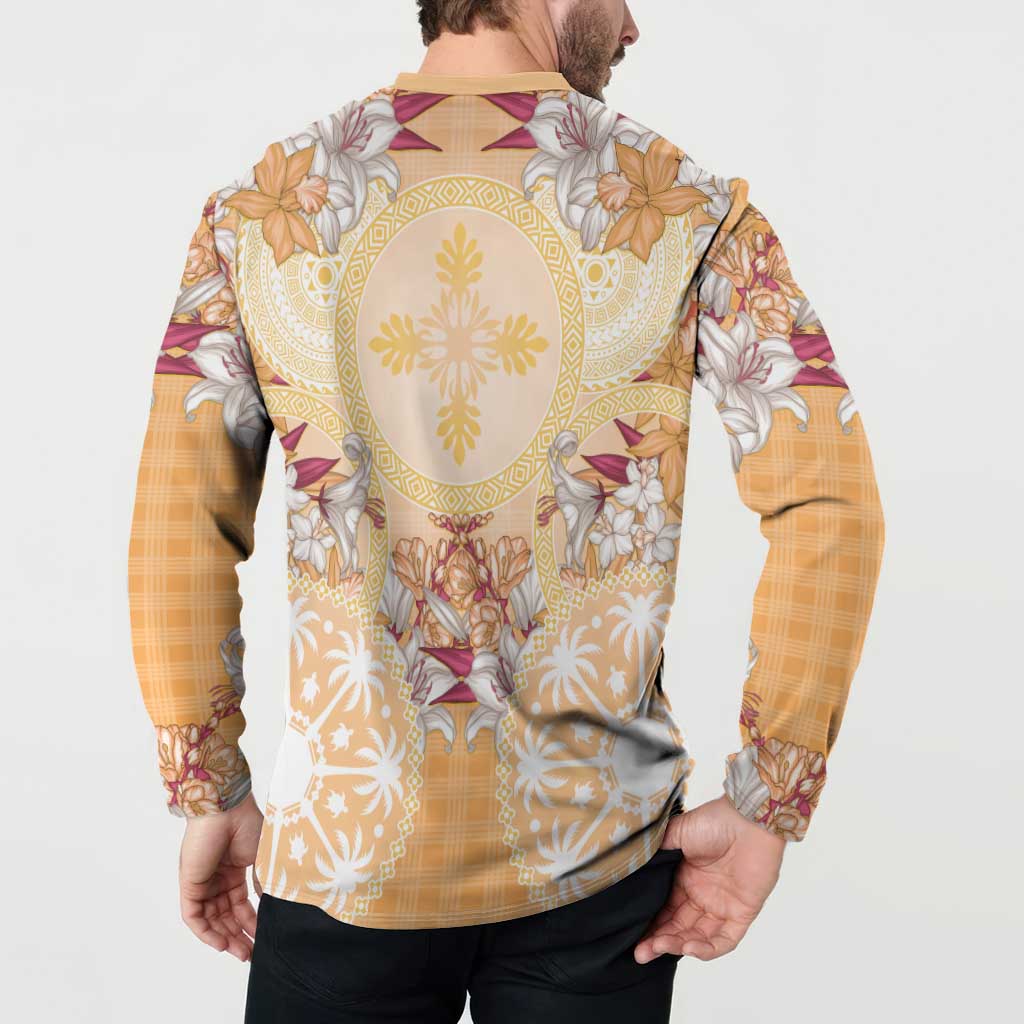 Hawaii Peach Palaka Button Sweatshirt With Tapa Pattern Tropical Flowers - Polynesian Pride