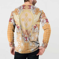 Hawaii Peach Palaka Button Sweatshirt With Tapa Pattern Tropical Flowers - Polynesian Pride