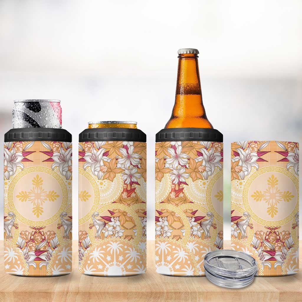 Hawaii Peach Palaka 4 in 1 Can Cooler Tumbler With Tapa Pattern Tropical Flowers LT05 - Polynesian Pride