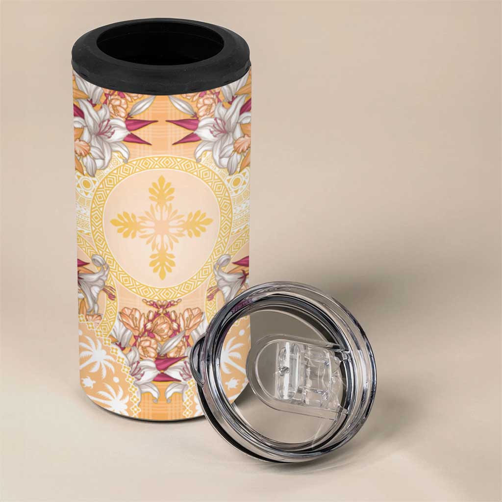 Hawaii Peach Palaka 4 in 1 Can Cooler Tumbler With Tapa Pattern Tropical Flowers LT05 - Polynesian Pride