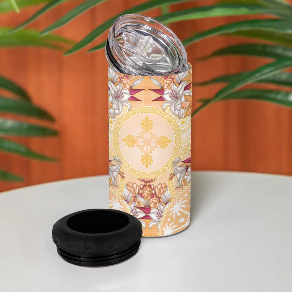 Hawaii Peach Palaka 4 in 1 Can Cooler Tumbler With Tapa Pattern Tropical Flowers LT05 - Polynesian Pride