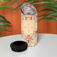 Hawaii Peach Palaka 4 in 1 Can Cooler Tumbler With Tapa Pattern Tropical Flowers LT05 - Polynesian Pride