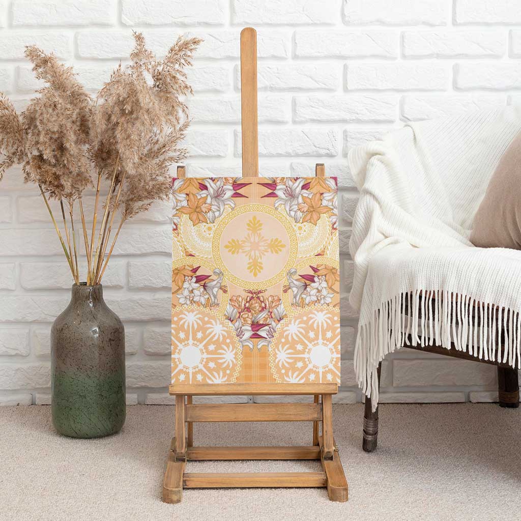 Hawaii Peach Palaka Canvas Wall Art With Tapa Pattern Tropical Flowers - Polynesian Pride
