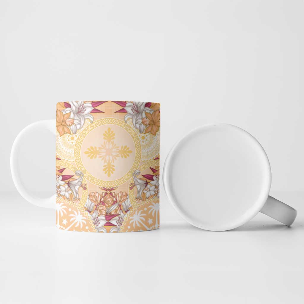 Hawaii Peach Palaka Ceramic Mug With Tapa Pattern Tropical Flowers - Polynesian Pride
