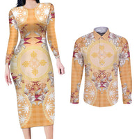Hawaii Peach Palaka Couples Matching Long Sleeve Bodycon Dress and Long Sleeve Button Shirt With Tapa Pattern Tropical Flowers - Polynesian Pride