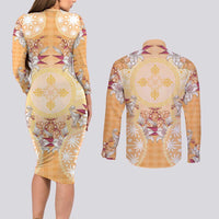 Hawaii Peach Palaka Couples Matching Long Sleeve Bodycon Dress and Long Sleeve Button Shirt With Tapa Pattern Tropical Flowers - Polynesian Pride