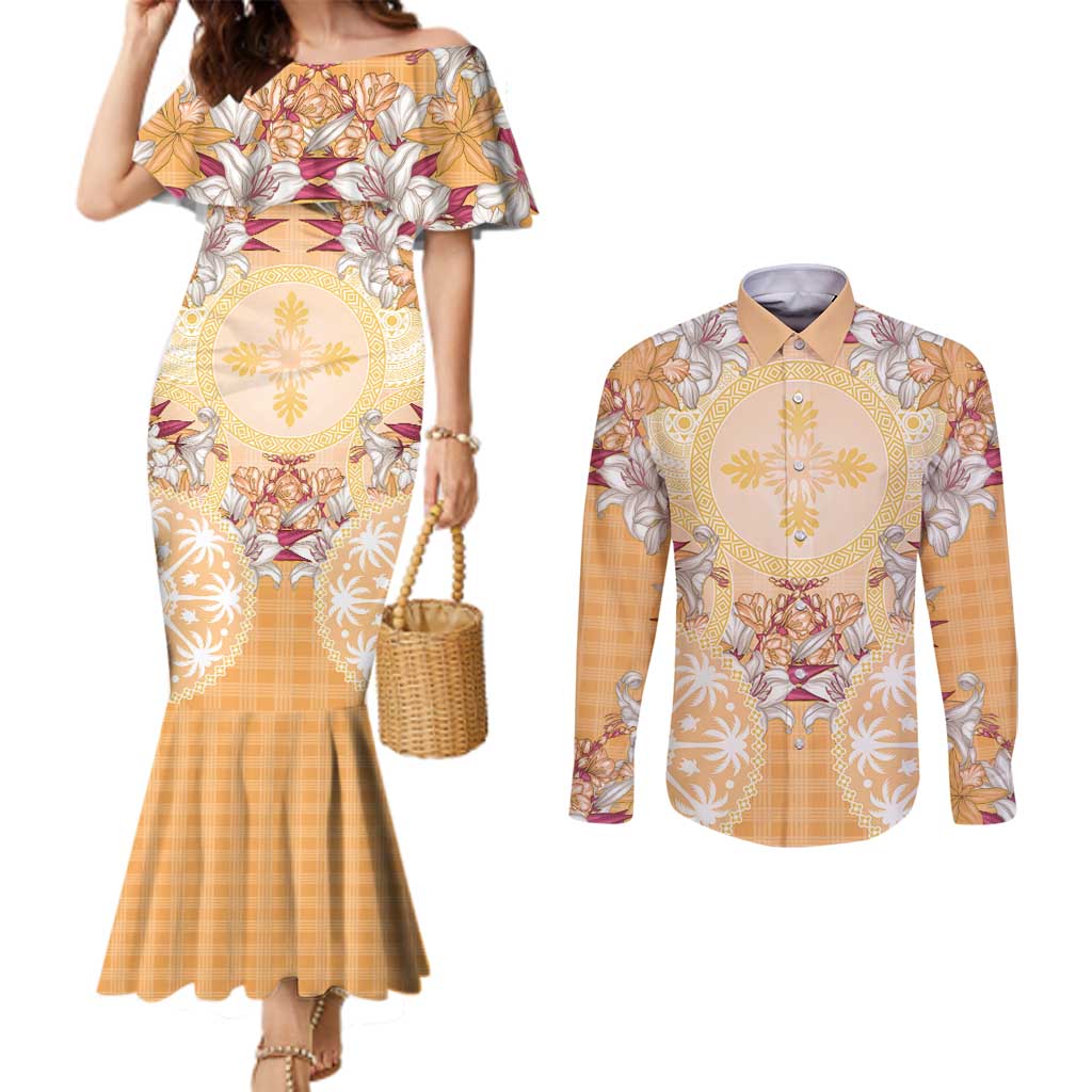 Hawaii Peach Palaka Couples Matching Mermaid Dress and Long Sleeve Button Shirt With Tapa Pattern Tropical Flowers - Polynesian Pride