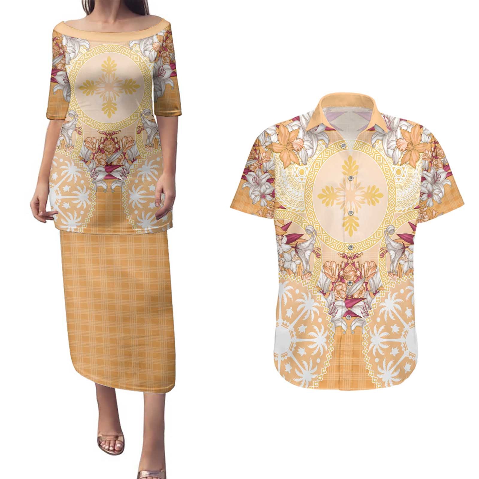 Hawaii Peach Palaka Couples Matching Puletasi and Hawaiian Shirt With Tapa Pattern Tropical Flowers LT05 Peach - Polynesian Pride