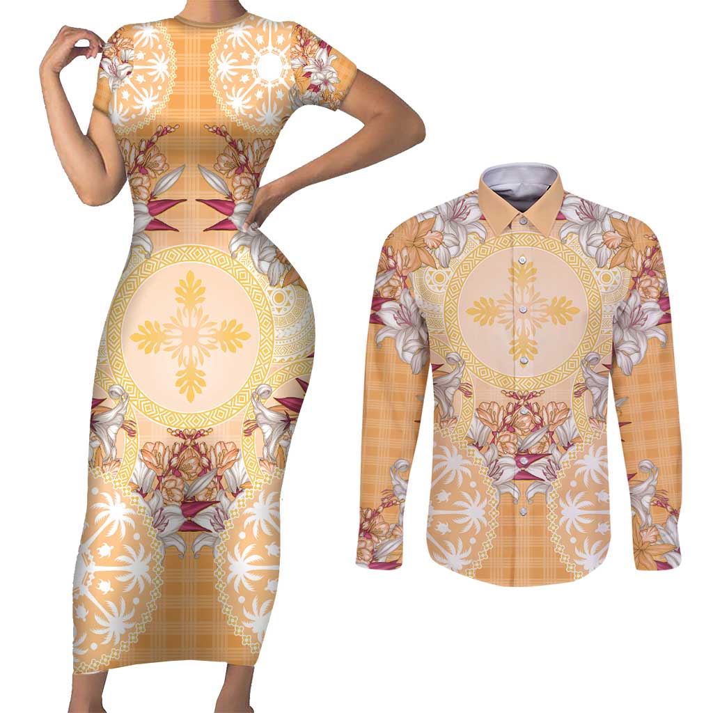 Hawaii Peach Palaka Couples Matching Short Sleeve Bodycon Dress and Long Sleeve Button Shirt With Tapa Pattern Tropical Flowers - Polynesian Pride
