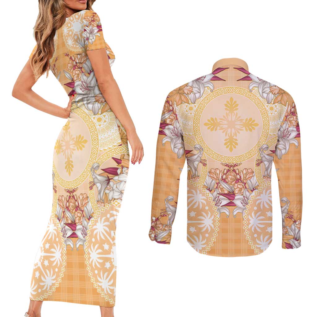 Hawaii Peach Palaka Couples Matching Short Sleeve Bodycon Dress and Long Sleeve Button Shirt With Tapa Pattern Tropical Flowers - Polynesian Pride