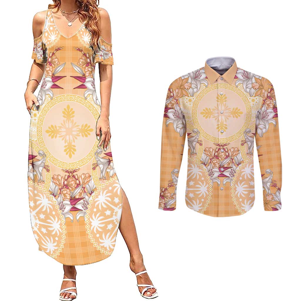 Hawaii Peach Palaka Couples Matching Summer Maxi Dress and Long Sleeve Button Shirt With Tapa Pattern Tropical Flowers - Polynesian Pride