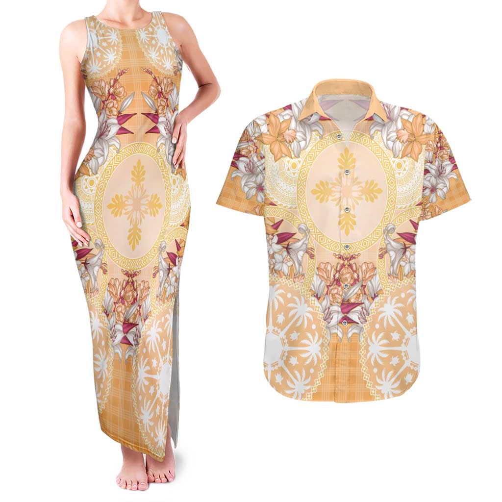 Hawaii Peach Palaka Couples Matching Tank Maxi Dress and Hawaiian Shirt With Tapa Pattern Tropical Flowers LT05 Peach - Polynesian Pride