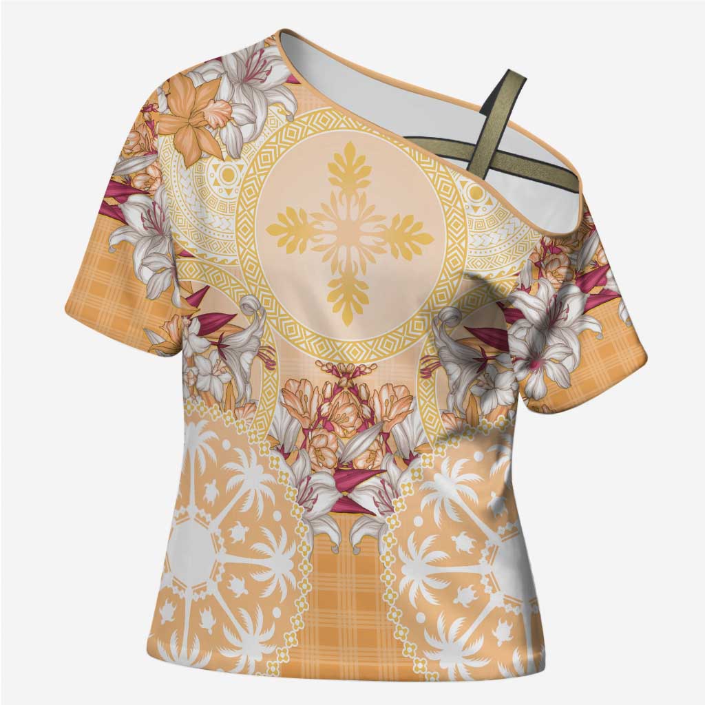 Hawaii Peach Palaka Cross Shoulder Shirt With Tapa Pattern Tropical Flowers - Polynesian Pride