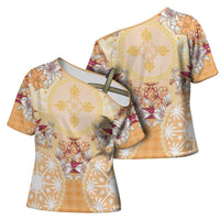 Hawaii Peach Palaka Cross Shoulder Shirt With Tapa Pattern Tropical Flowers - Polynesian Pride