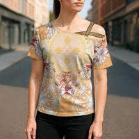 Hawaii Peach Palaka Cross Shoulder Shirt With Tapa Pattern Tropical Flowers - Polynesian Pride