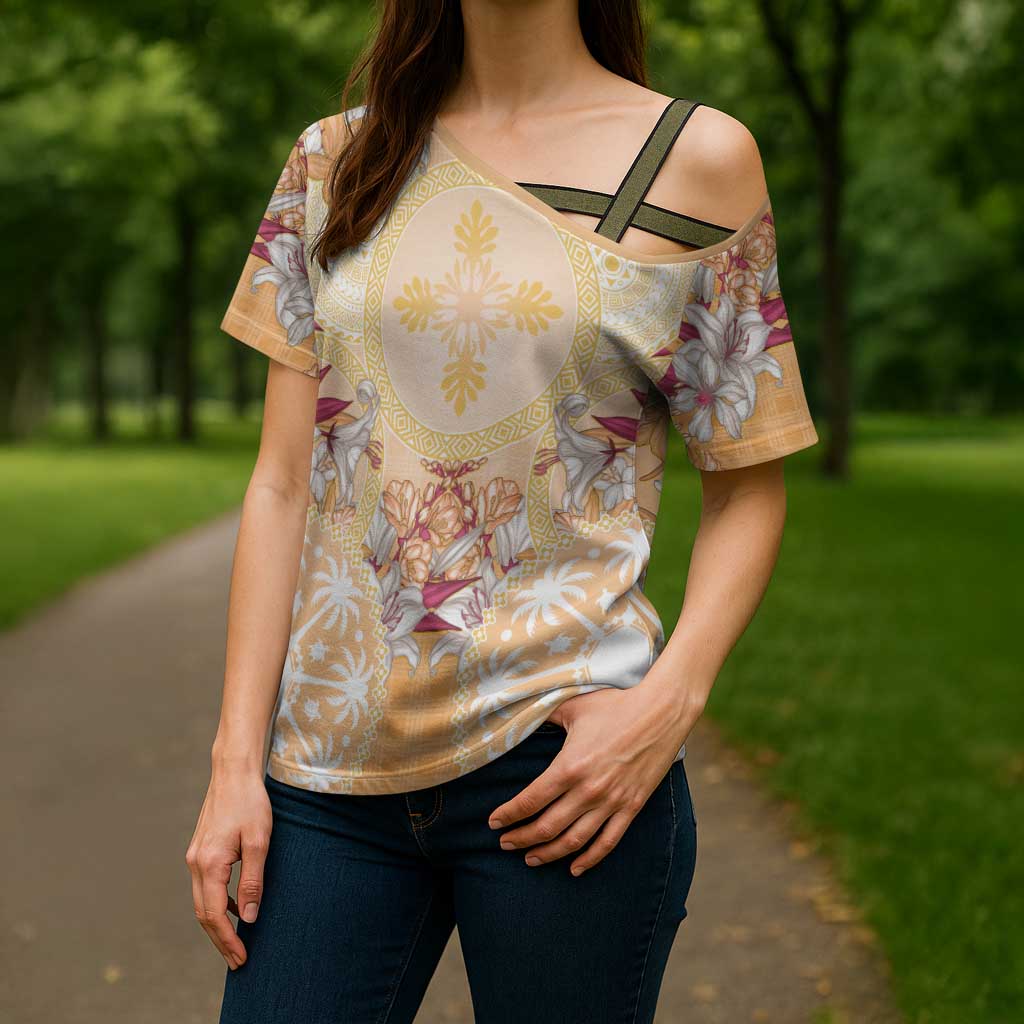 Hawaii Peach Palaka Cross Shoulder Shirt With Tapa Pattern Tropical Flowers - Polynesian Pride