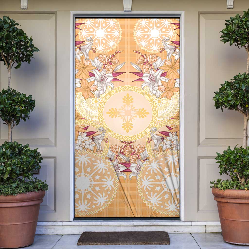 Hawaii Peach Palaka Door Cover With Tapa Pattern Tropical Flowers - Polynesian Pride