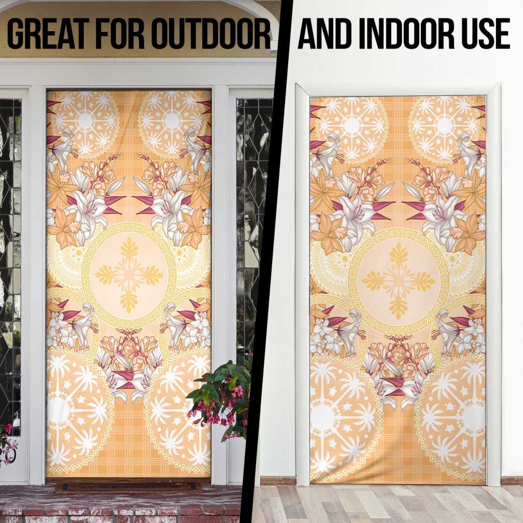 Hawaii Peach Palaka Door Cover With Tapa Pattern Tropical Flowers - Polynesian Pride
