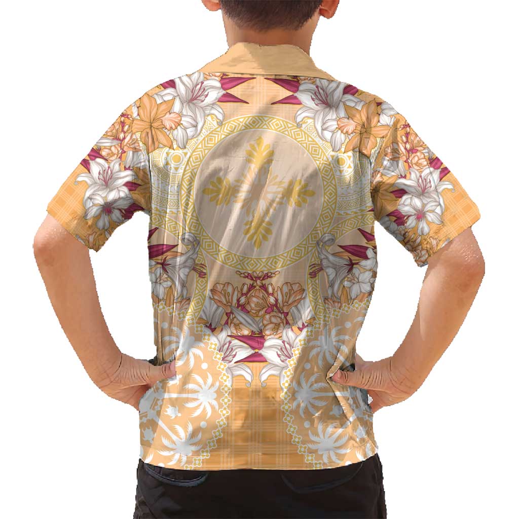 Hawaii Peach Palaka Family Matching Long Sleeve Bodycon Dress and Hawaiian Shirt With Tapa Pattern Tropical Flowers LT05 - Polynesian Pride