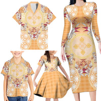 Hawaii Peach Palaka Family Matching Long Sleeve Bodycon Dress and Hawaiian Shirt With Tapa Pattern Tropical Flowers LT05 - Polynesian Pride