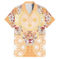 Hawaii Peach Palaka Family Matching Long Sleeve Bodycon Dress and Hawaiian Shirt With Tapa Pattern Tropical Flowers LT05 Dad's Shirt - Short Sleeve Peach - Polynesian Pride