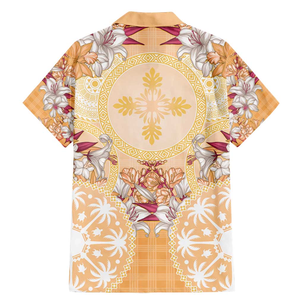 Hawaii Peach Palaka Family Matching Long Sleeve Bodycon Dress and Hawaiian Shirt With Tapa Pattern Tropical Flowers LT05 - Polynesian Pride