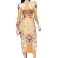 Hawaii Peach Palaka Family Matching Long Sleeve Bodycon Dress and Hawaiian Shirt With Tapa Pattern Tropical Flowers LT05 Mom's Dress Peach - Polynesian Pride