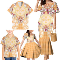 Hawaii Peach Palaka Family Matching Mermaid Dress and Hawaiian Shirt With Tapa Pattern Tropical Flowers LT05 - Polynesian Pride