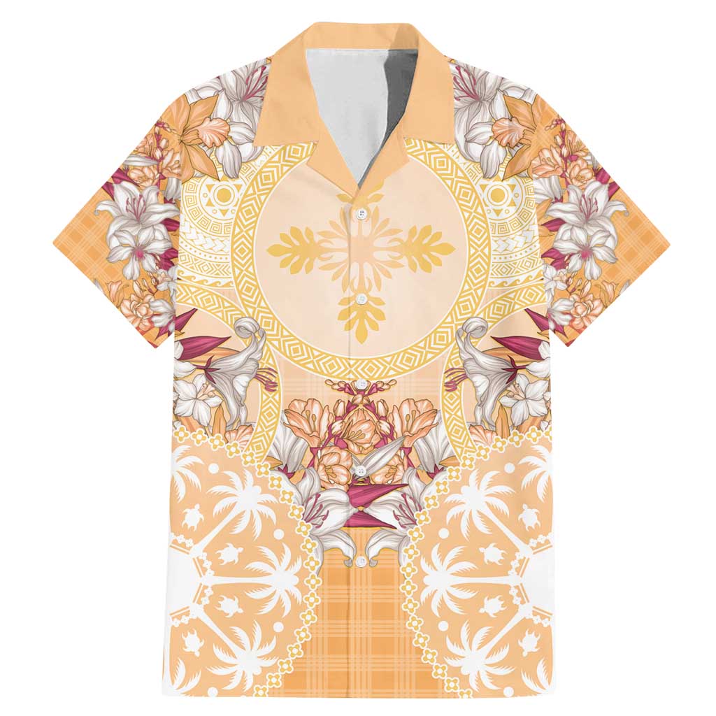 Hawaii Peach Palaka Family Matching Mermaid Dress and Hawaiian Shirt With Tapa Pattern Tropical Flowers LT05 Dad's Shirt - Short Sleeve Peach - Polynesian Pride