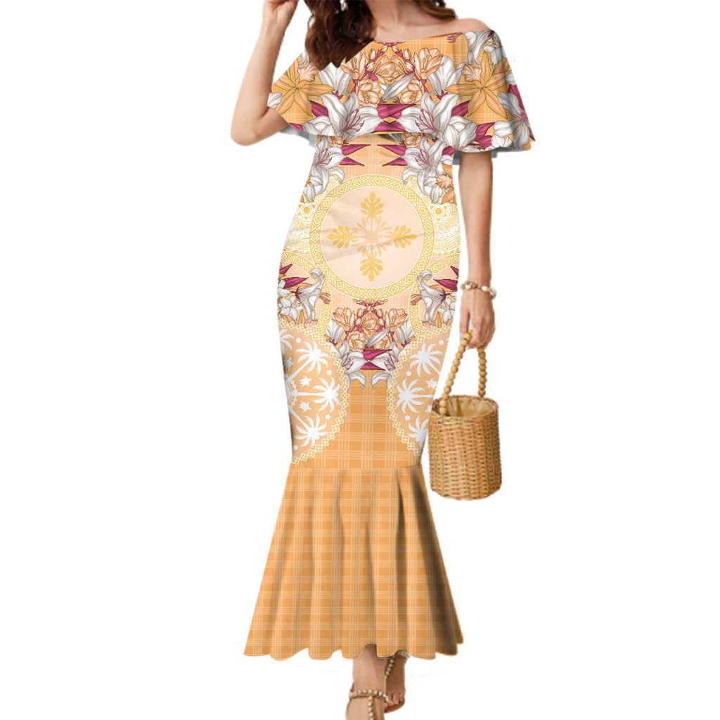 Hawaii Peach Palaka Family Matching Mermaid Dress and Hawaiian Shirt With Tapa Pattern Tropical Flowers LT05 Mom's Dress Peach - Polynesian Pride