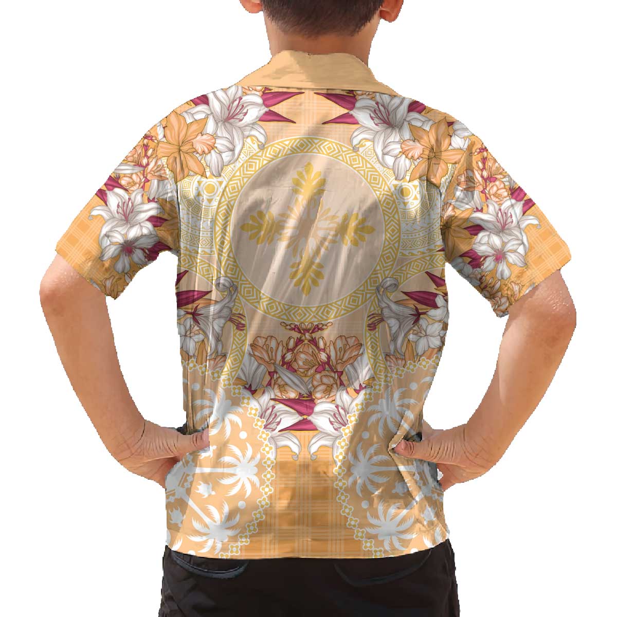 Hawaii Peach Palaka Family Matching Off The Shoulder Long Sleeve Dress and Hawaiian Shirt With Tapa Pattern Tropical Flowers LT05 - Polynesian Pride
