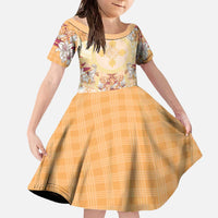 Hawaii Peach Palaka Family Matching Off The Shoulder Long Sleeve Dress and Hawaiian Shirt With Tapa Pattern Tropical Flowers LT05 Daughter's Dress Peach - Polynesian Pride