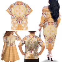 Hawaii Peach Palaka Family Matching Off The Shoulder Long Sleeve Dress and Hawaiian Shirt With Tapa Pattern Tropical Flowers LT05 - Polynesian Pride