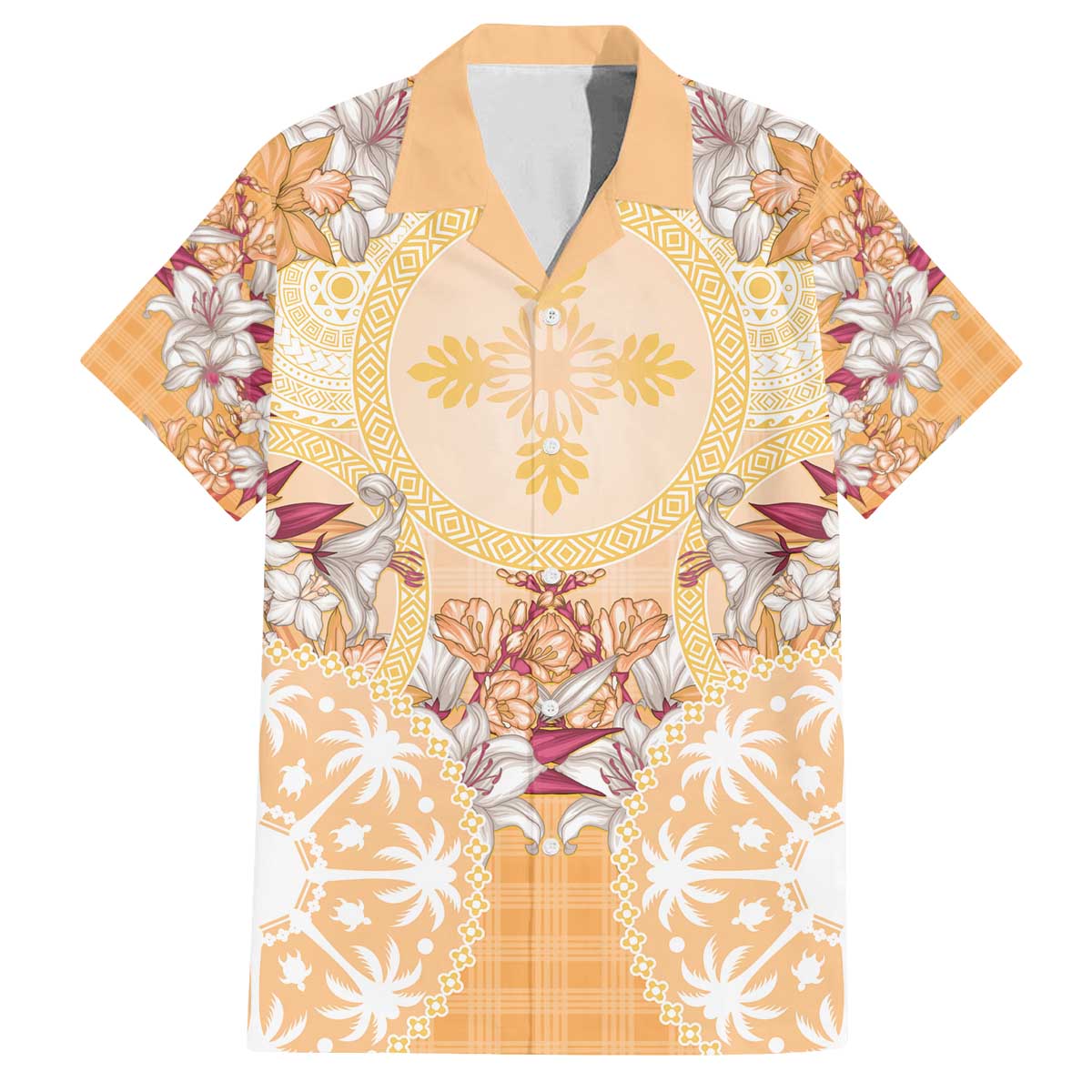 Hawaii Peach Palaka Family Matching Off The Shoulder Long Sleeve Dress and Hawaiian Shirt With Tapa Pattern Tropical Flowers LT05 Dad's Shirt - Short Sleeve Peach - Polynesian Pride