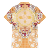 Hawaii Peach Palaka Family Matching Off The Shoulder Long Sleeve Dress and Hawaiian Shirt With Tapa Pattern Tropical Flowers LT05 - Polynesian Pride