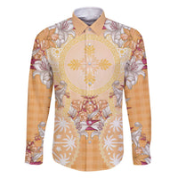 Hawaii Peach Palaka Family Matching Off The Shoulder Long Sleeve Dress and Hawaiian Shirt With Tapa Pattern Tropical Flowers LT05 Dad's Shirt - Long Sleeve Peach - Polynesian Pride