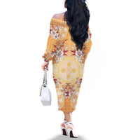 Hawaii Peach Palaka Family Matching Off The Shoulder Long Sleeve Dress and Hawaiian Shirt With Tapa Pattern Tropical Flowers LT05 - Polynesian Pride