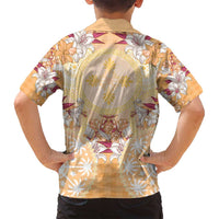 Hawaii Peach Palaka Family Matching Off Shoulder Maxi Dress and Hawaiian Shirt With Tapa Pattern Tropical Flowers - Polynesian Pride