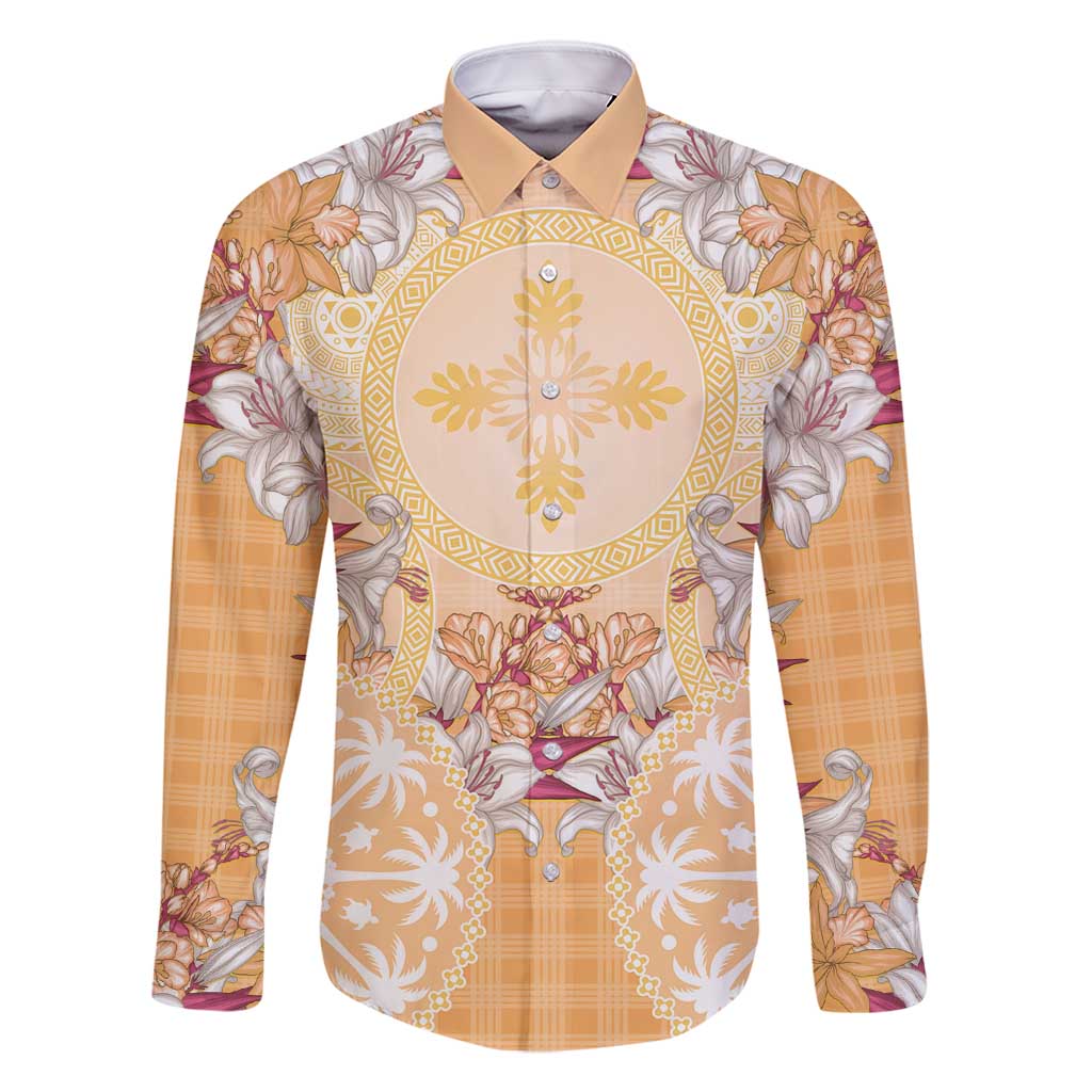 Hawaii Peach Palaka Family Matching Off Shoulder Maxi Dress and Hawaiian Shirt With Tapa Pattern Tropical Flowers - Polynesian Pride