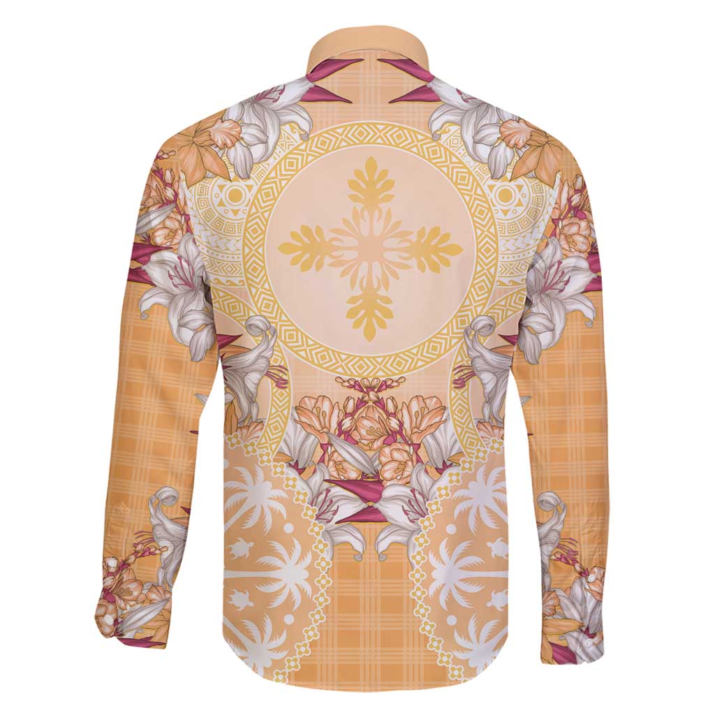 Hawaii Peach Palaka Family Matching Off Shoulder Maxi Dress and Hawaiian Shirt With Tapa Pattern Tropical Flowers - Polynesian Pride