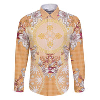 Hawaii Peach Palaka Family Matching Off Shoulder Short Dress and Hawaiian Shirt With Tapa Pattern Tropical Flowers - Polynesian Pride