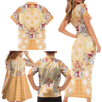 Hawaii Peach Palaka Family Matching Short Sleeve Bodycon Dress and Hawaiian Shirt With Tapa Pattern Tropical Flowers LT05 - Polynesian Pride