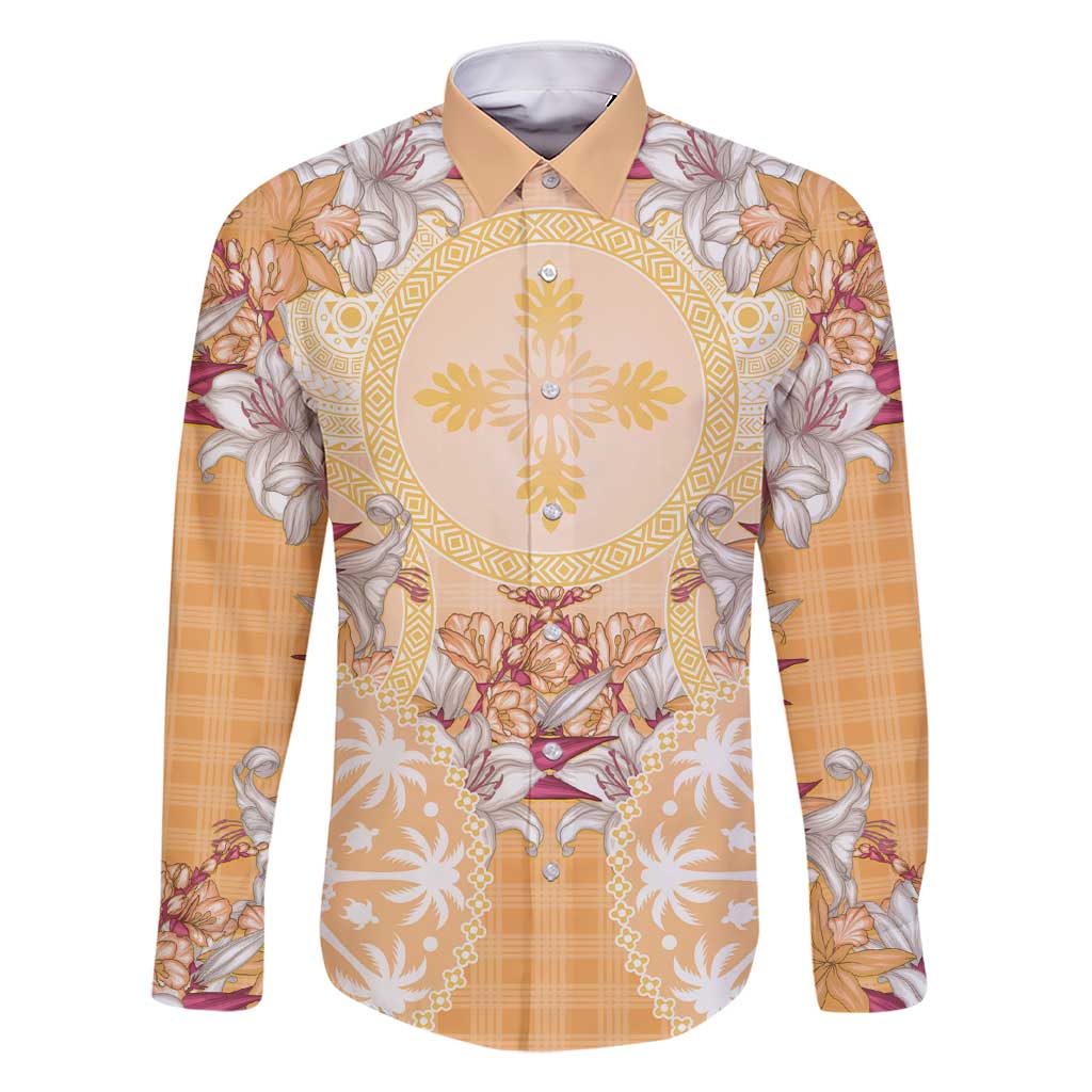 Hawaii Peach Palaka Family Matching Short Sleeve Bodycon Dress and Hawaiian Shirt With Tapa Pattern Tropical Flowers LT05 Dad's Shirt - Long Sleeve Peach - Polynesian Pride