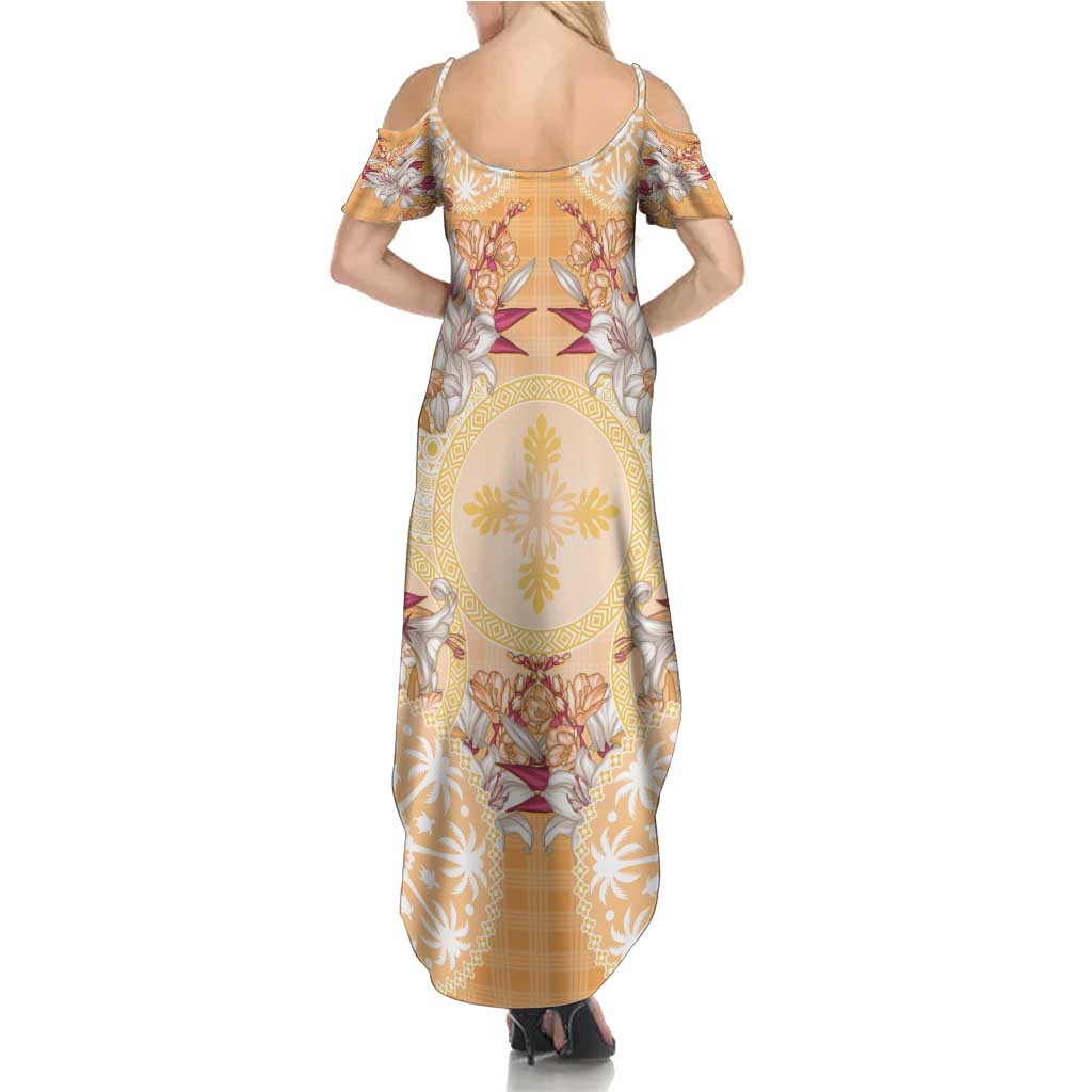 Hawaii Peach Palaka Family Matching Summer Maxi Dress and Hawaiian Shirt With Tapa Pattern Tropical Flowers - Polynesian Pride