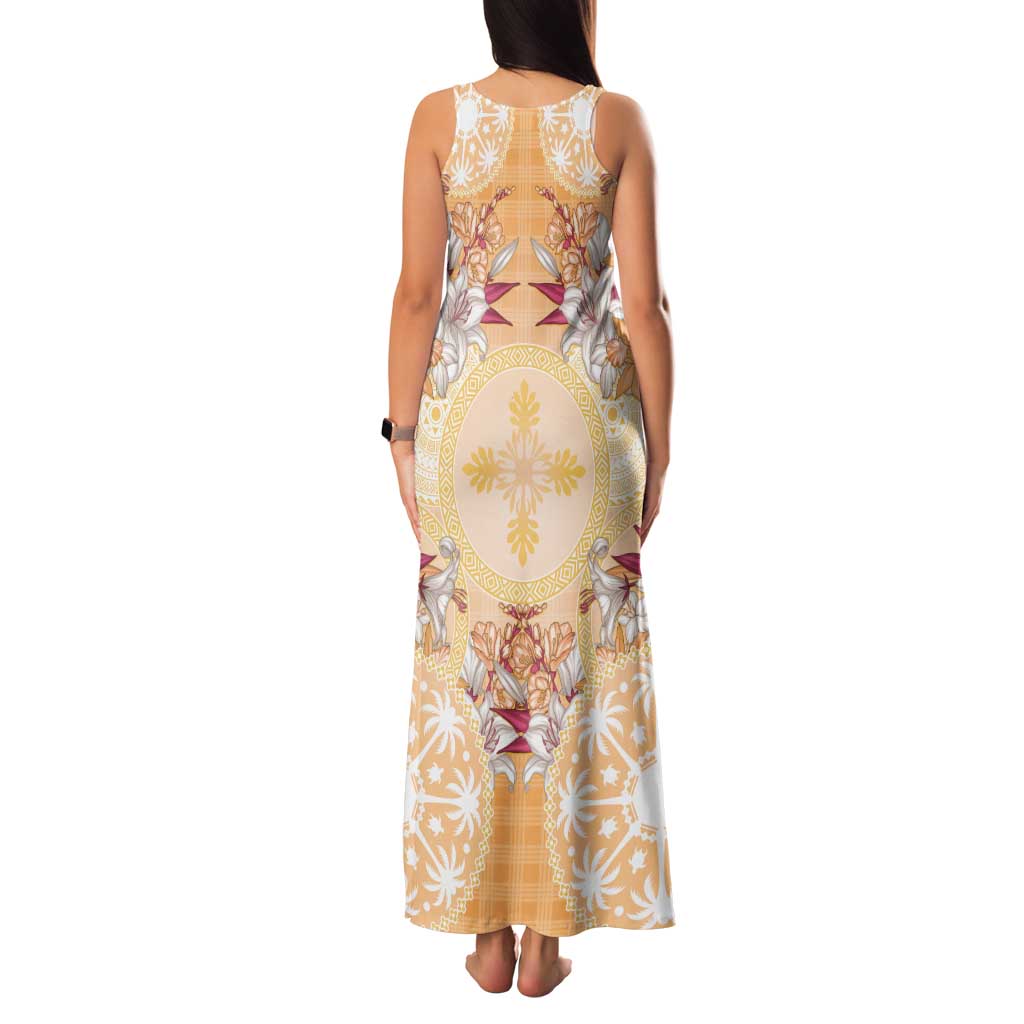 Hawaii Peach Palaka Family Matching Tank Maxi Dress and Hawaiian Shirt With Tapa Pattern Tropical Flowers - Polynesian Pride